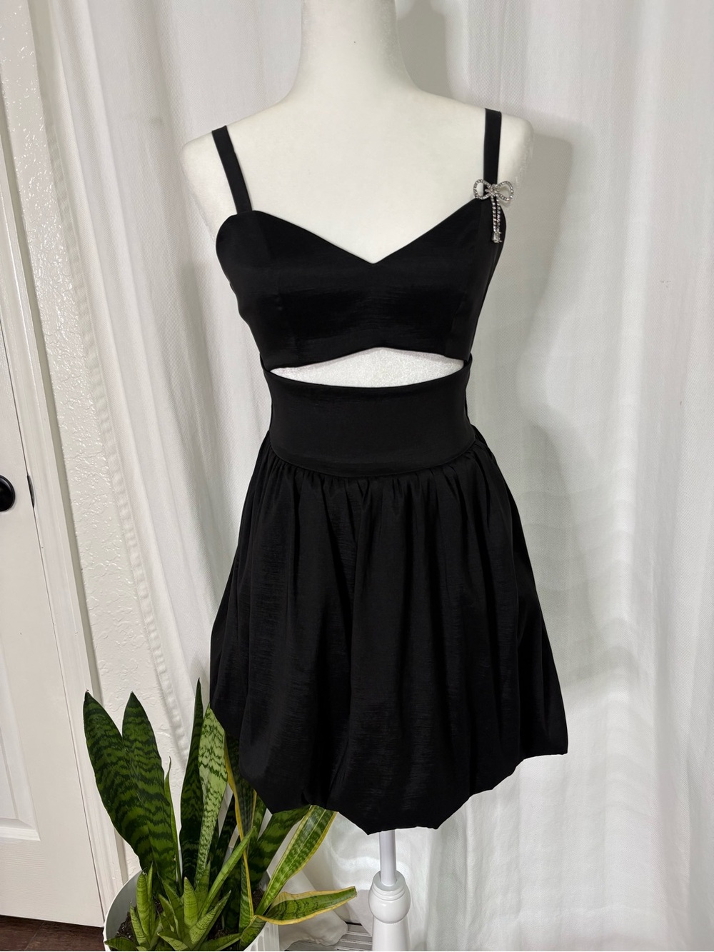 Studio F Black Dress with Rhinestone Bow Accent